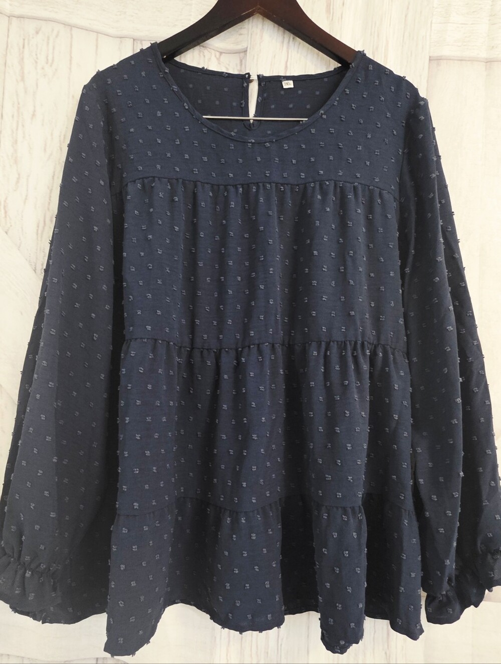 Navy Blue Swiss Dot Tiered Babydoll Blouse Size 2XL